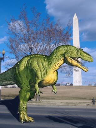 Bachmann promises to stand up to dinosaur menace.