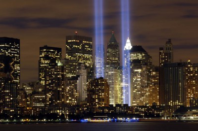 The "Tribute in Light" memorial is in remembrance of the events of Sept. 11, 2001. The two towers of light are composed of two banks of high wattage spotlights that point straight up from a lot next to Ground Zero. This photo was taken from Liberty State Park, N.J., Sept. 11, the five-year anniversary of 9/11. (U.S. Air Force photo/Denise Gould)