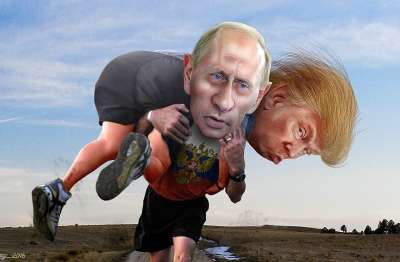 Vladimir Putin carrying Donald Trump, image by DonkeyHotey