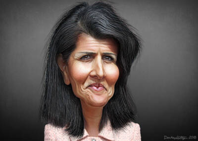 Nikki Haleyand Elizabeth Warren are interviewed. Nikki Haley caricature by DonkeyHotey.